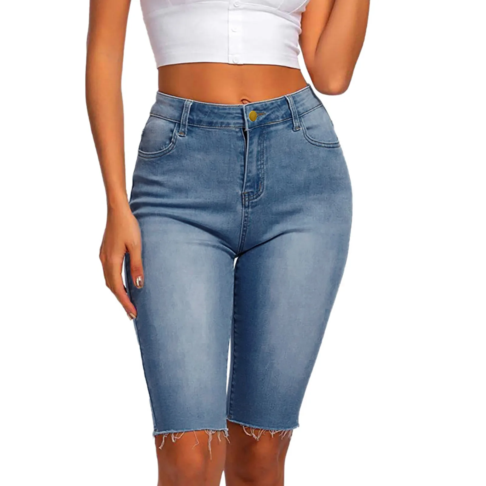 

Женские эластичные однотонные облегающие джинсы с низкой талией и карманами, узкие джинсовые шорты с кисточками и пятью точками, прямые брюки, новинка 2023