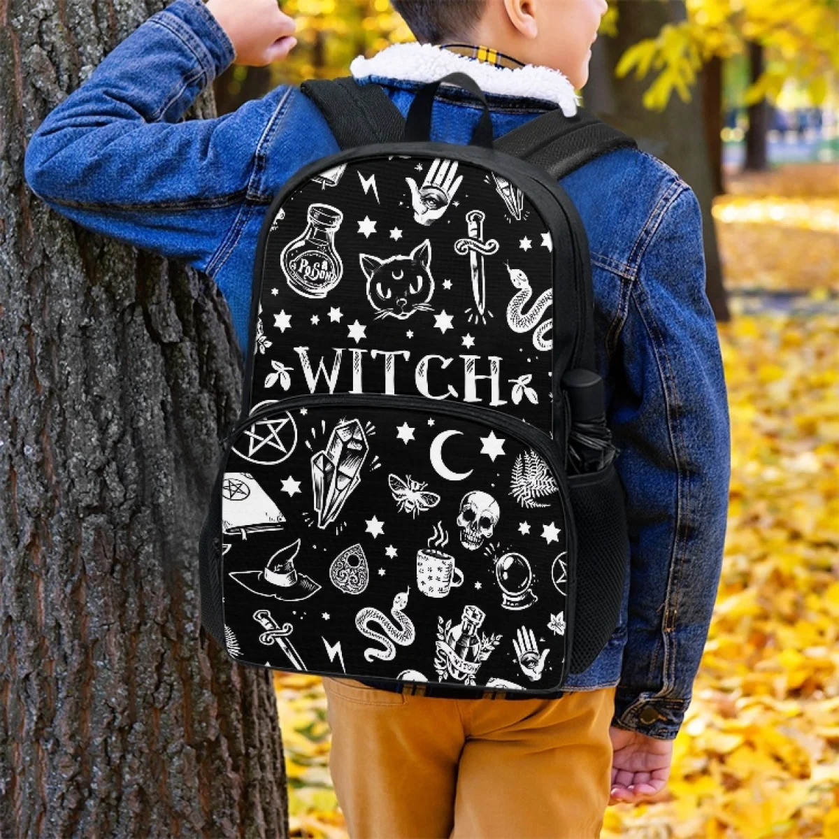 FORUDESIGNS Cat Witchcraft Print Women's Backpack Personalized Student Boys Girls Back School Bag Water Bottle Pockets Book Bags
