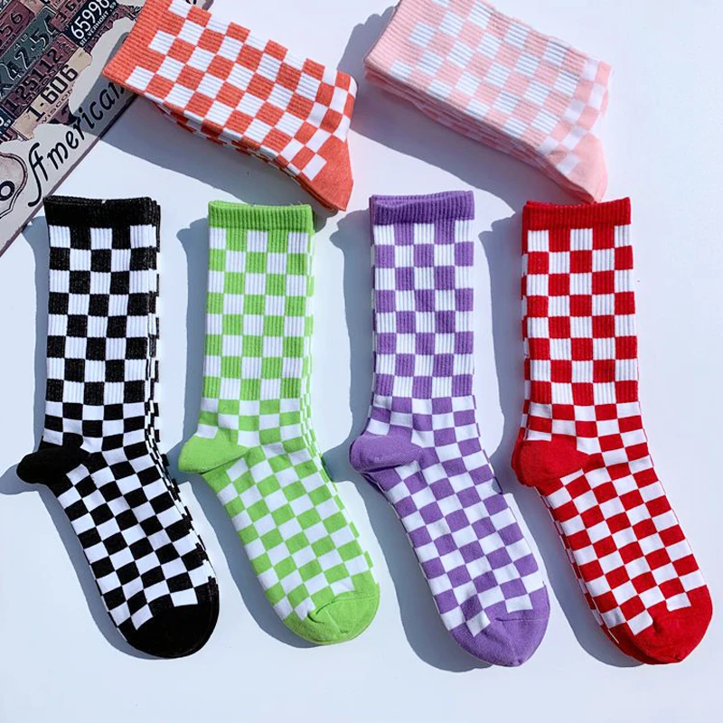 

Korea Trend Checkerboard Socks Women's Geometric Checkered Men Harajuku Creative Hip Hop Cotton Unisex Streetwear Novelty Socks