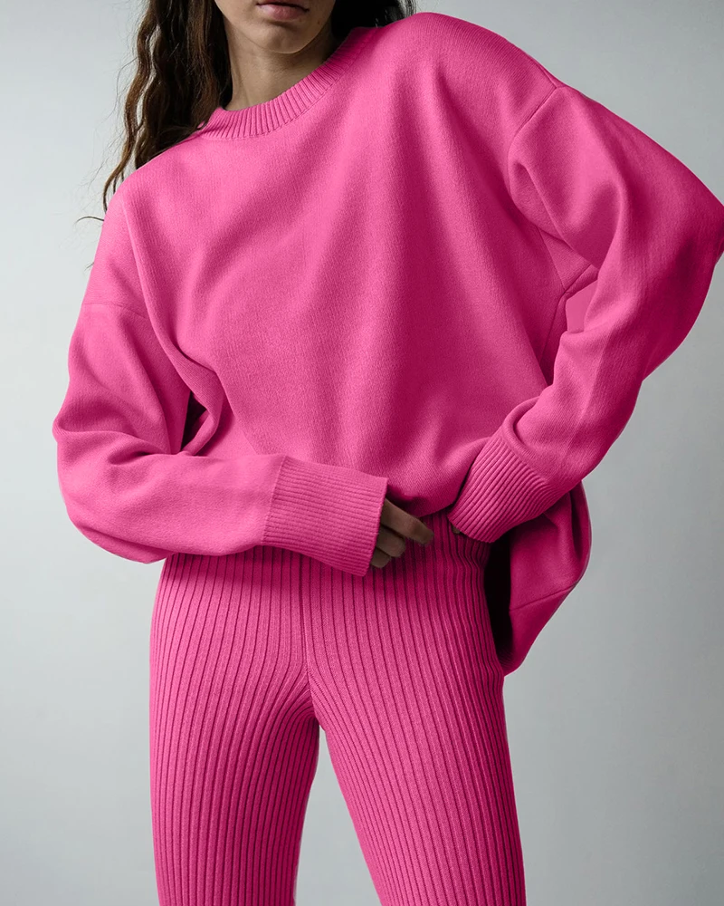 

Winter Thick Set Women Knitted 2 Pieces Suit New O-neck Sweater & Pit Streaks High Waist Loose Pants Soft Outwear Tracksuit