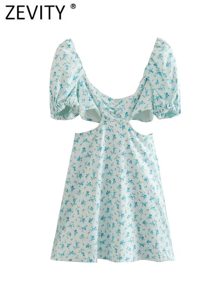

Zevity Women French Style Floral Print Waist Cut Off A Line Mini Dress Lady Chic Puff Sleeve Casual Zipper Vestidos Mujer DS583