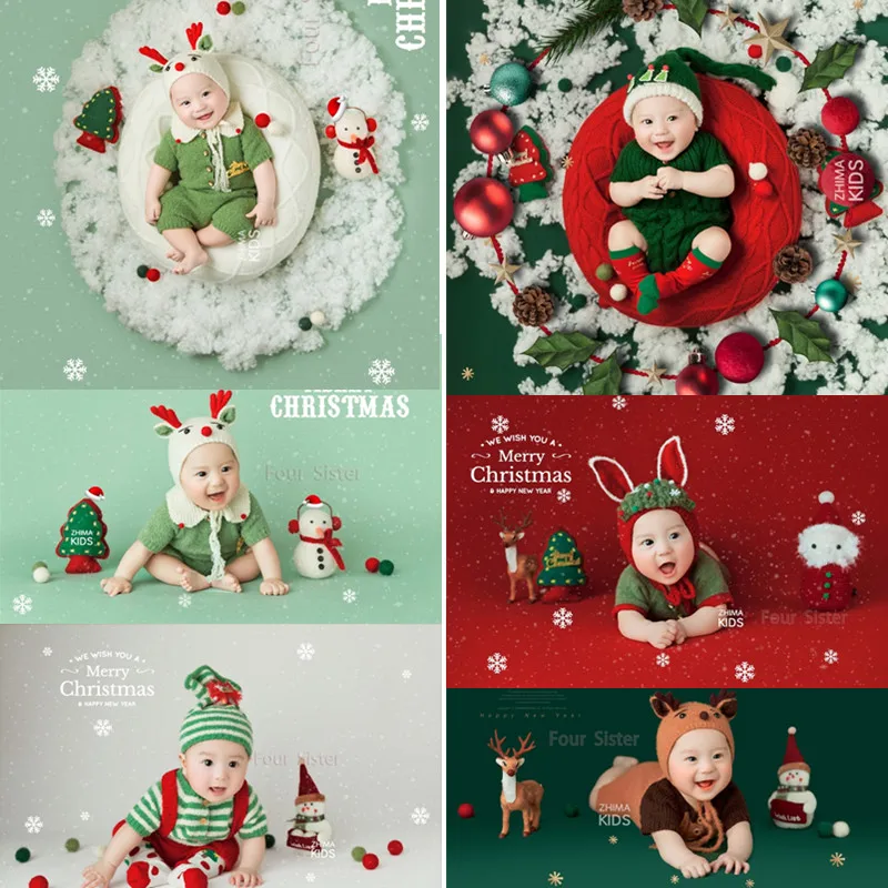 Newborn Photography Christmas Clothing Knit Hat+Jumpsuit Suit Studio Infant Photo Props Accessories Baby Shoot Elk Deer Costume