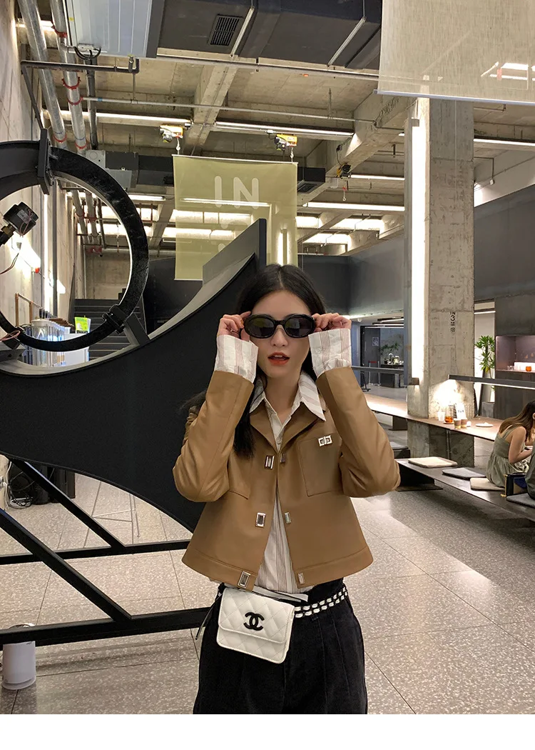 2022 Women New Lapel Casual Metal Locks Genuine Leather Sheepskin Jacket E16