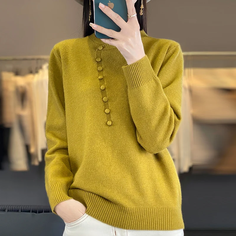 Весенне-осенний свитер женский вязаный с круглым вырезом топы длинными рукавами