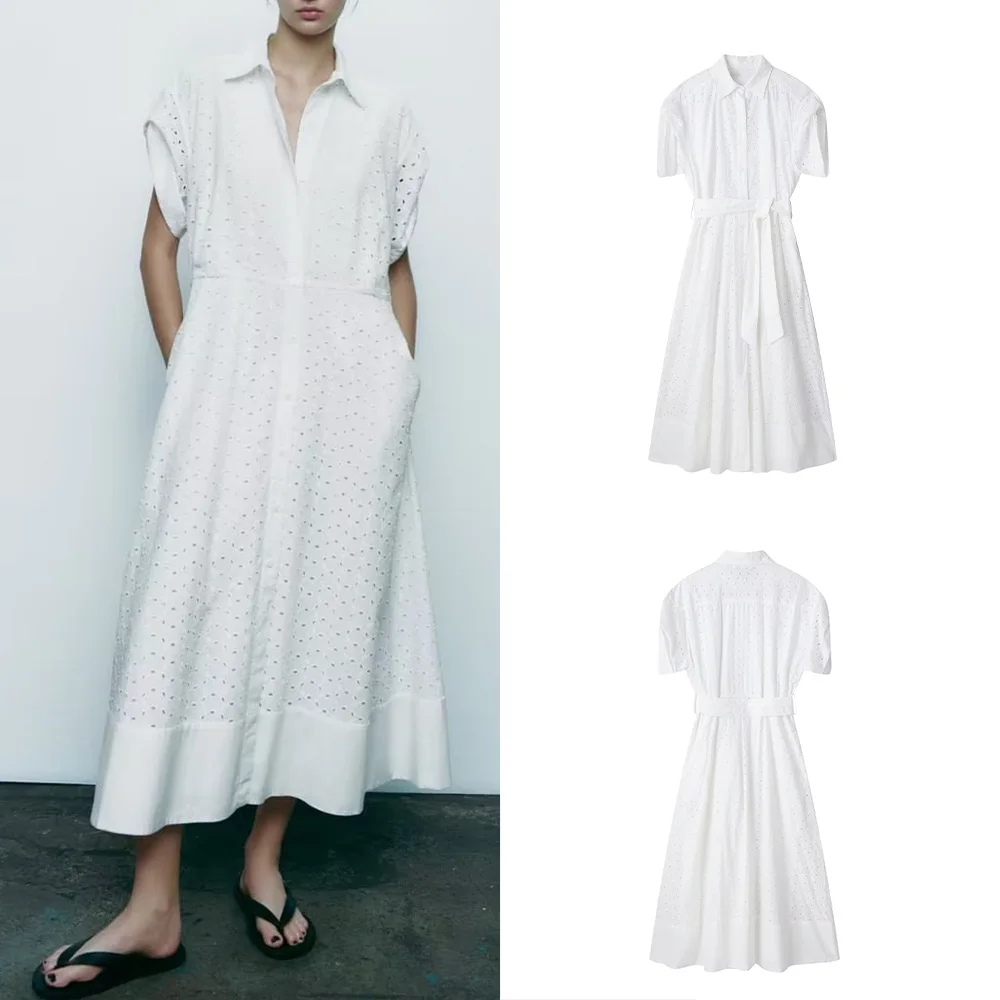 

PB&ZA summer new women's fashion lapel chic belt decorated hollow embroidery minstrel dress 7761052