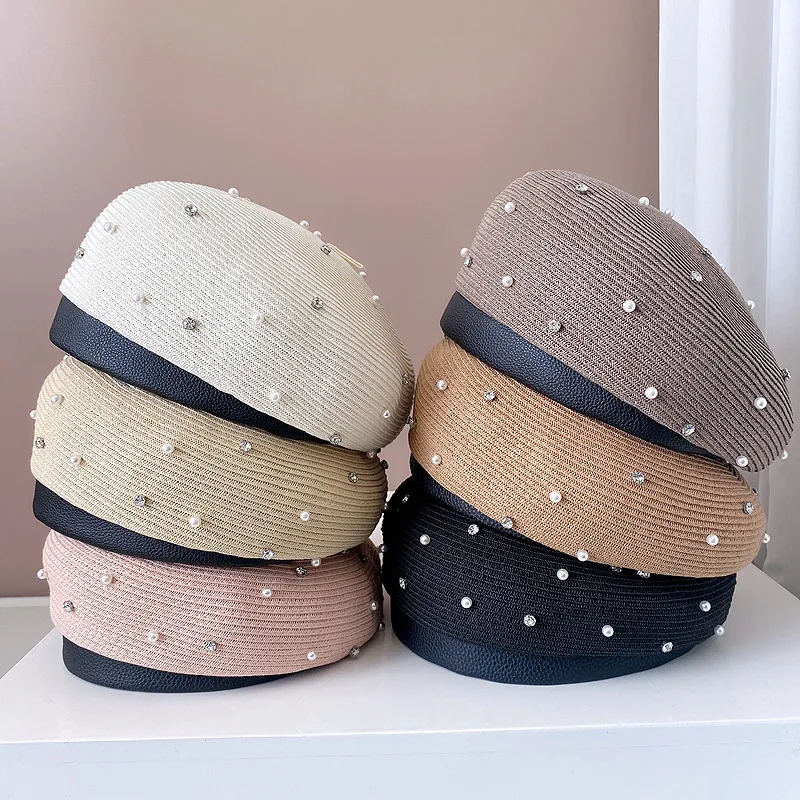 Элегантный шикарный японский кожаный берет украшенный жемчугом женская модная