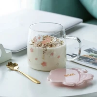 550ml glass cup with cover spoon cherry blossom pattern transparent creative fresh cute girl heart portable sports outdoor cup