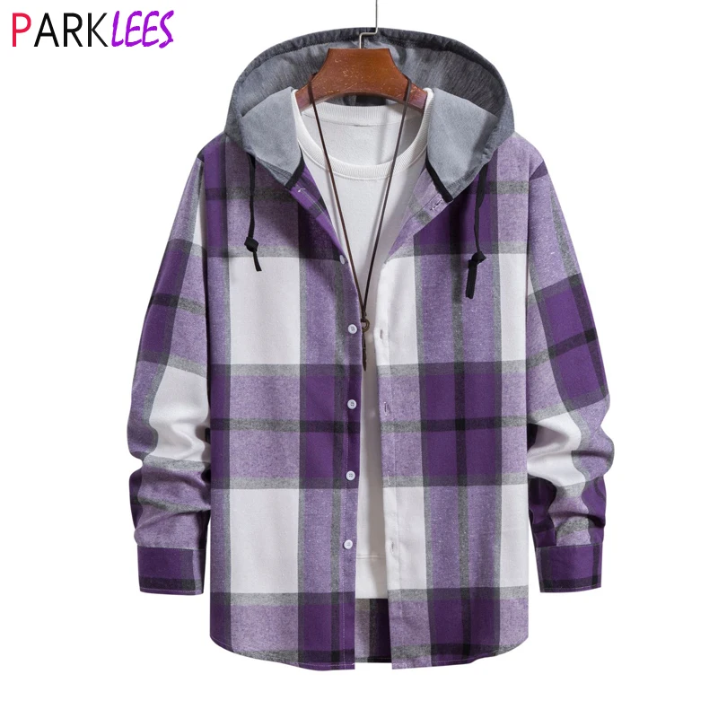 Men's Plaid Long Sleeve Flannel Shirt with Hoodie 2023 Brand New Regular Fit Button Down Checked Jacket Shirt Chemise Purple 2XL