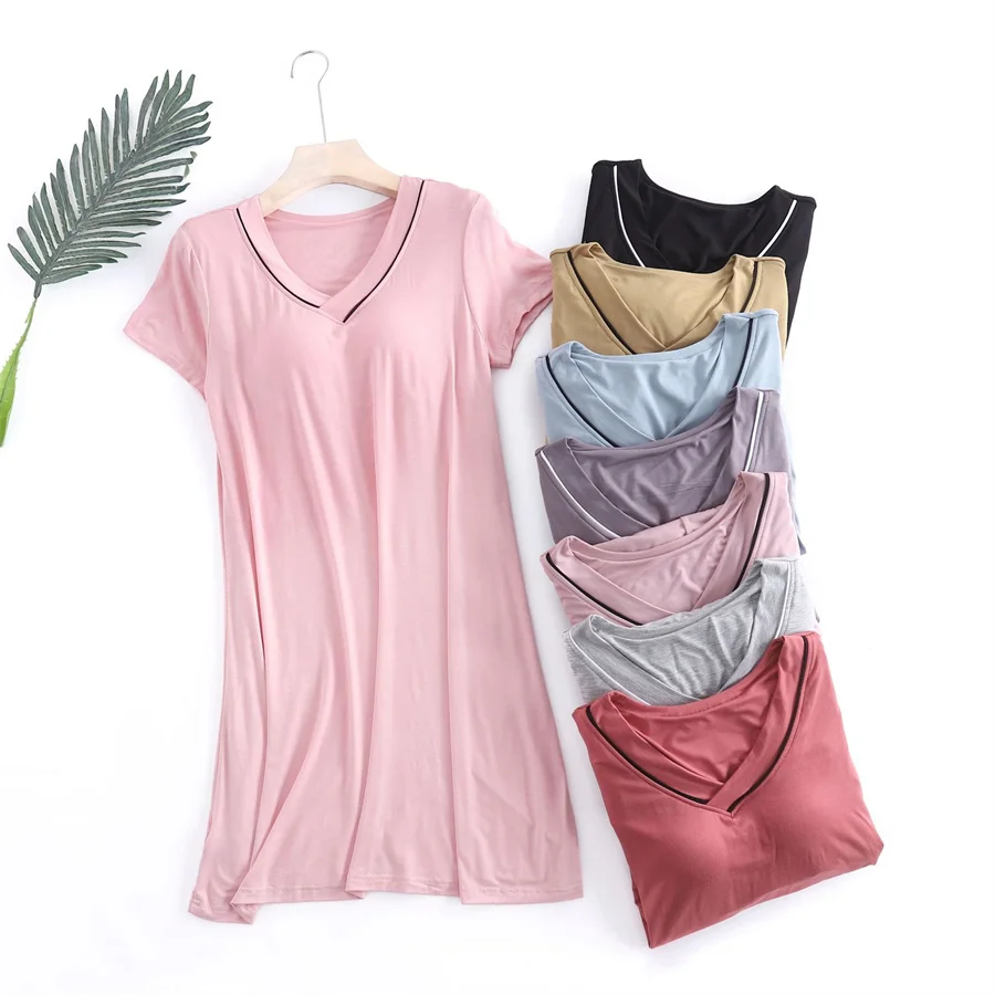 

Summer Female Modal Nightdress Nightgown V-Neck Short Sleeve Home Dress Sleepwear Loose Casual Nightwear Intimate Lingerie