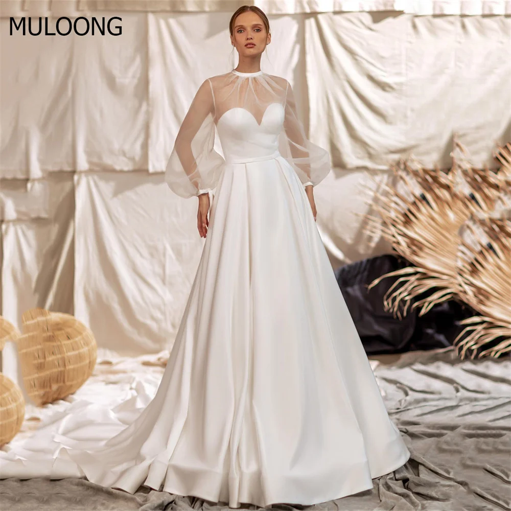 

MULOONG Ivory Evening High Neck Full Puff Sleeve Pleat A Line Long Wedding Dress Floor Length Sweep Train Ruched Gown New 2023