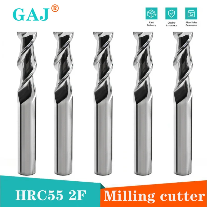 HRC50 2-зубая резка алюминия, дерева, меди, обработка фрезерного станка с ЧПУ, вольфрамовая сталь, спиральная фреза, твердосплавная концевая фреза, инструмент