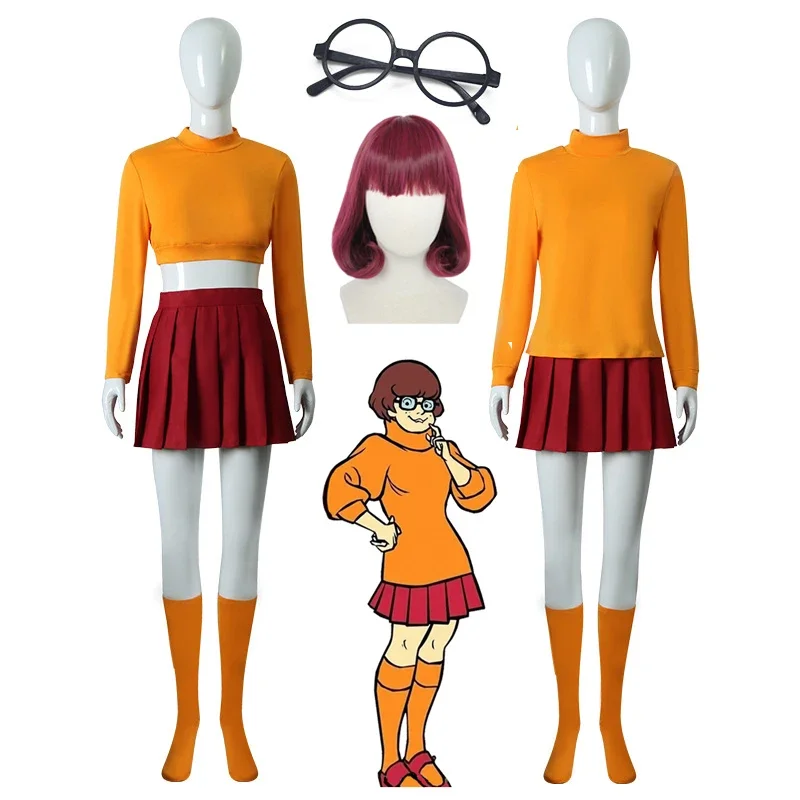 Одежда для косплея Velma из аниме юбка носки очки костюм на Хэллоуин Женский