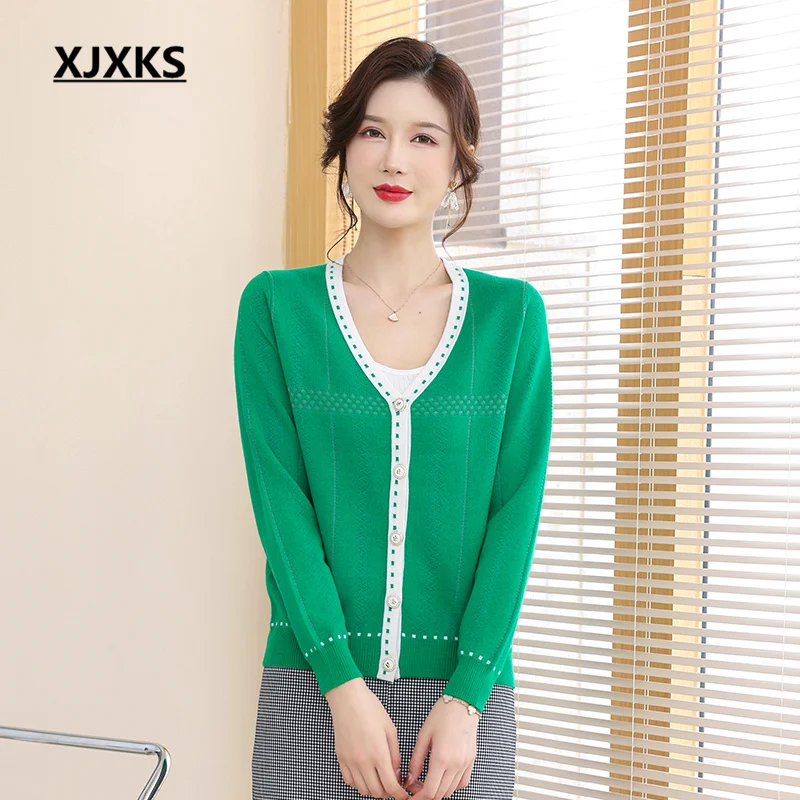 

XJXKS, коллекция осень-зима 2022 года, модный однобортный Кардиган с V-образным вырезом, Повседневный шерстяной вязаный свитер, пальто
