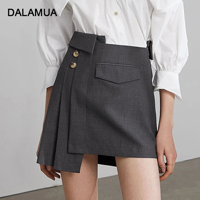 

Elegant Women Pleated Skirts Mini High Waist Office Lady England Style Solid Grey 2022 Fashion Asymmetrical Female Skirts Casual
