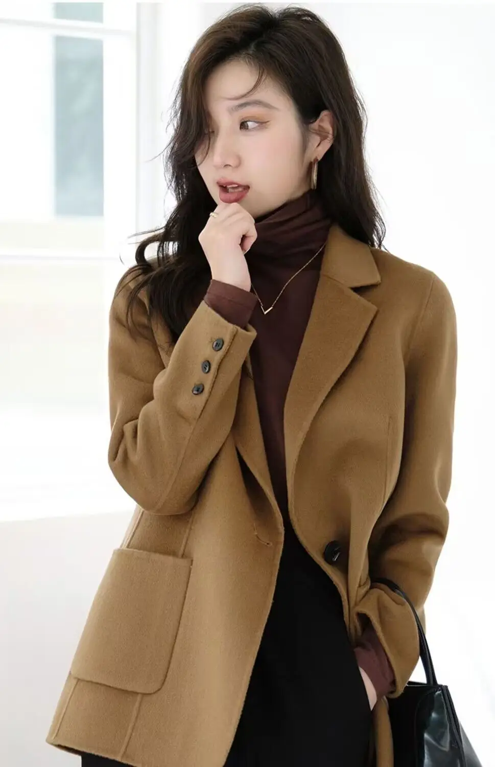 Женский шерстяной пиджак верблюжьего цвета короткое пальто с длинным рукавом