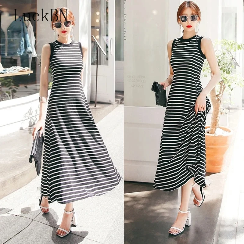 

Womens Ladies Beach Style Stripe Sleeveless Empire Waistline Sashes Sundress Summer Holiday Strappy Long Maxi Summer Dress 2022