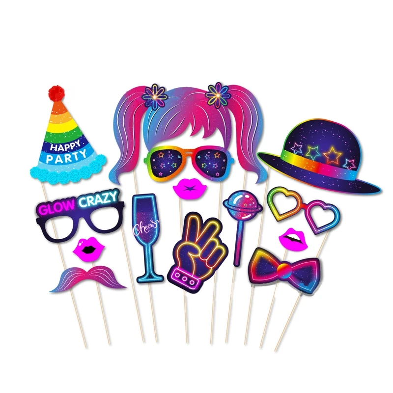 

125Piece Luminous Fluorescent Theme Photo Props Happy Birthdays Party Supplies Paper