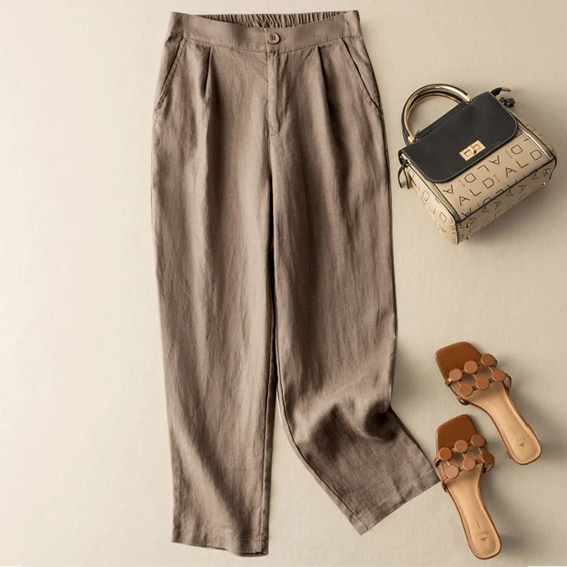 

2023 New Summer Fashion Vintage Cotton Hemp Solid Loose Elastic Waist Cropped Casual Pants for Women