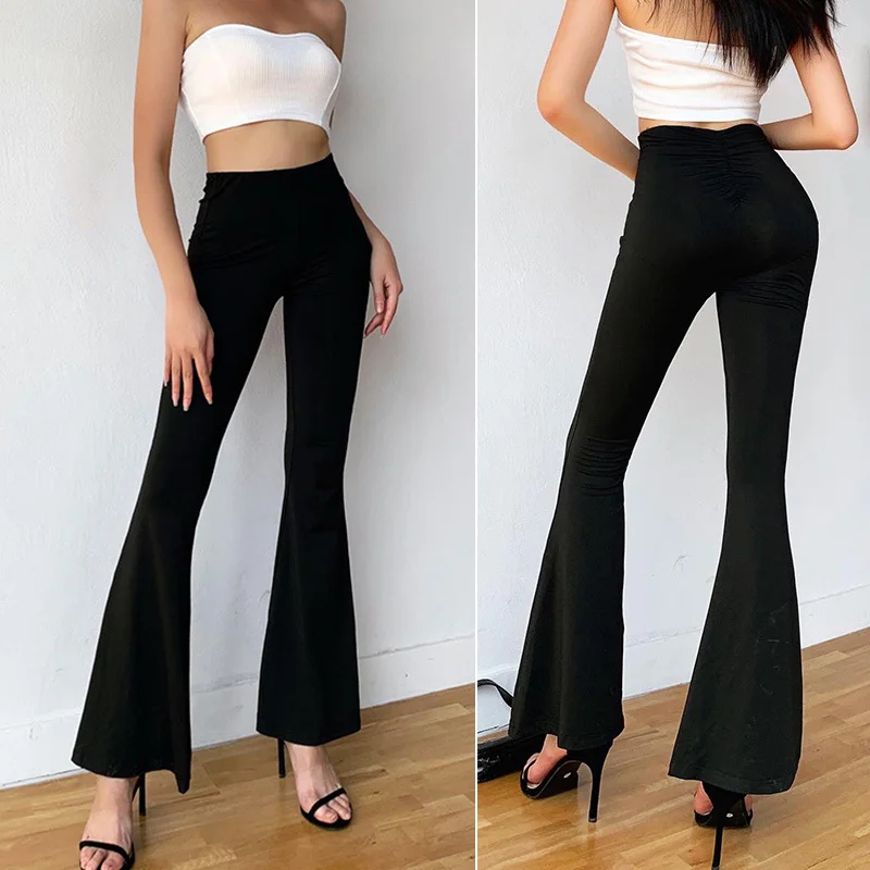 

NEW-Women Elegant Office Ladies Elastic Waist Flare Hem Pants Black