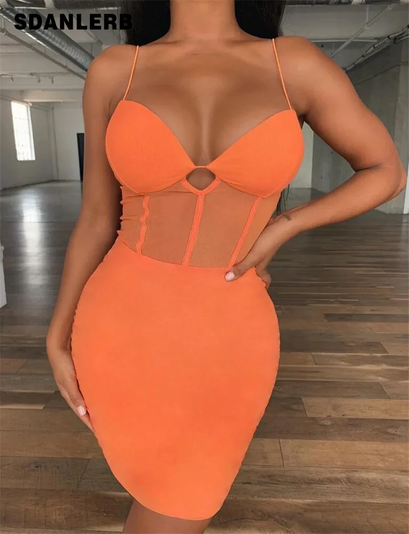 

2022 New Strap Dress See-through Skinny Slimming Bar Nightclub Party Mesh Dress Sexy Orange Short Evening Strapless Dress