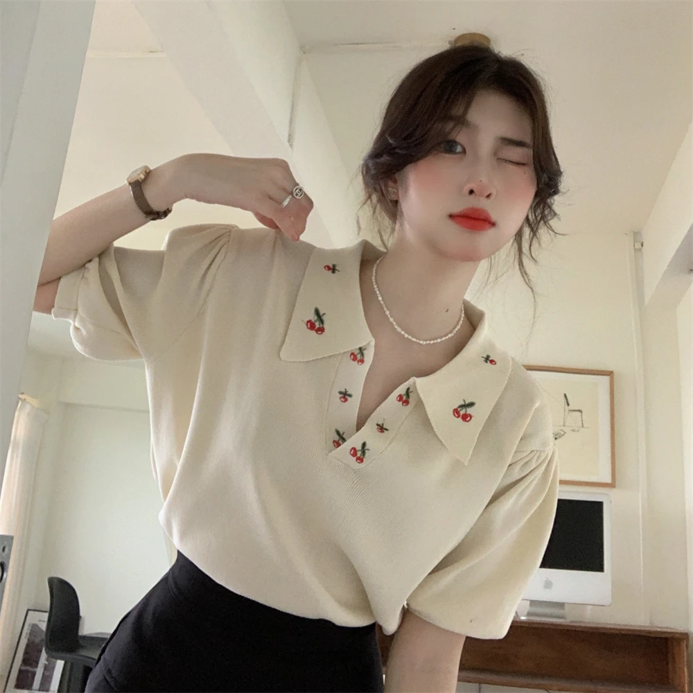 

Knitted Polo Shirt Short Sleeve T-Shirt women's summer 2022 new clothes Korean loose and versatile short top ins fashion