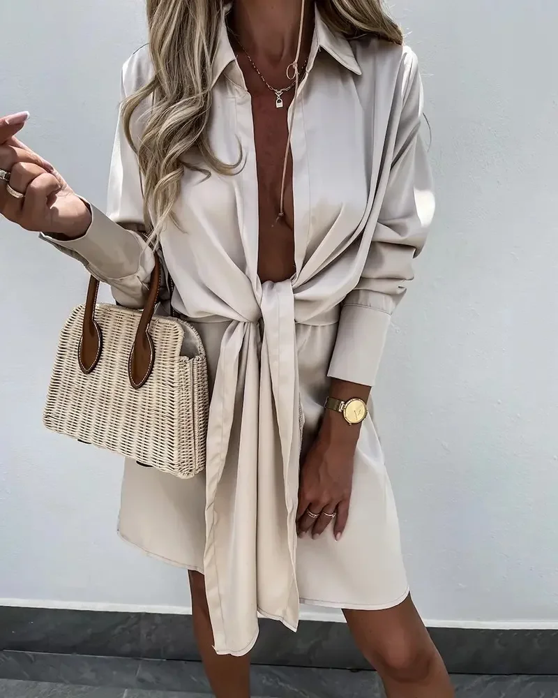 

Woman Elegant Plain Turn-down Collar Long Sleeve Tied Detail Mini Casual Shirt Dress