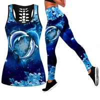 dolphin pattern lady stretches gym fitness tracksuit women yoga pants 3d print hipster jogging vest backless camisoles