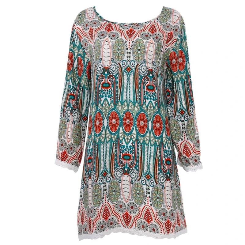 

Women Three-quarters Sleeve Round Neck Vintage Floral Print Casual Beach Dress P8DB