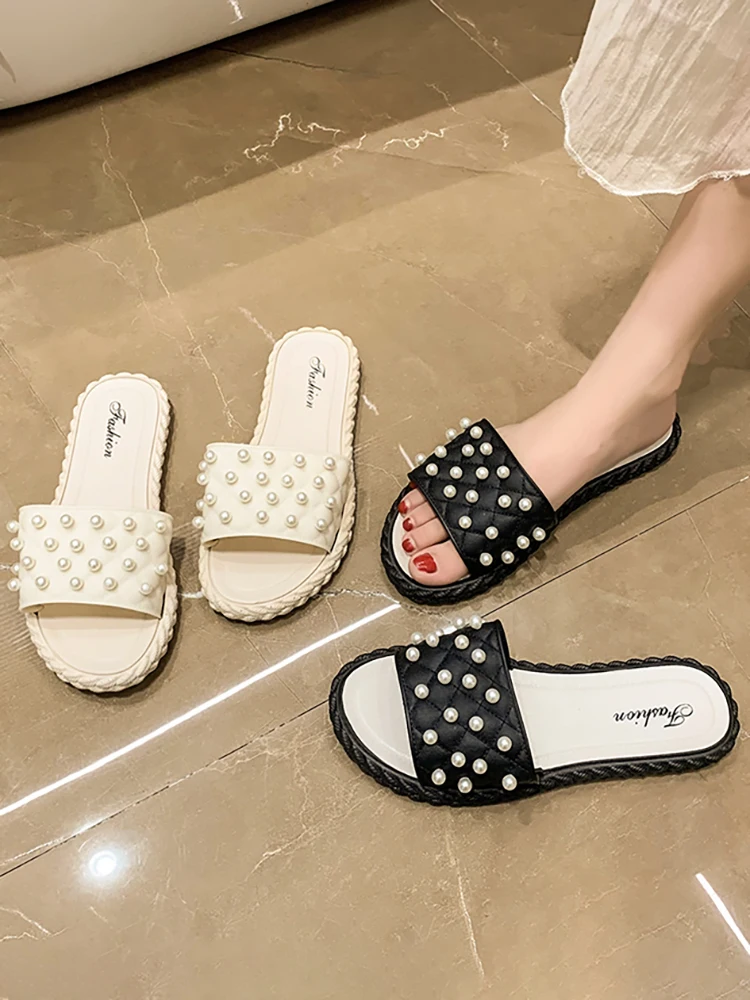 

Тапки женские резиновые на плоской подошве, сланцы с бусинами, модные пляжные роскошные римские тапки из искусственной кожи, лето 2023
