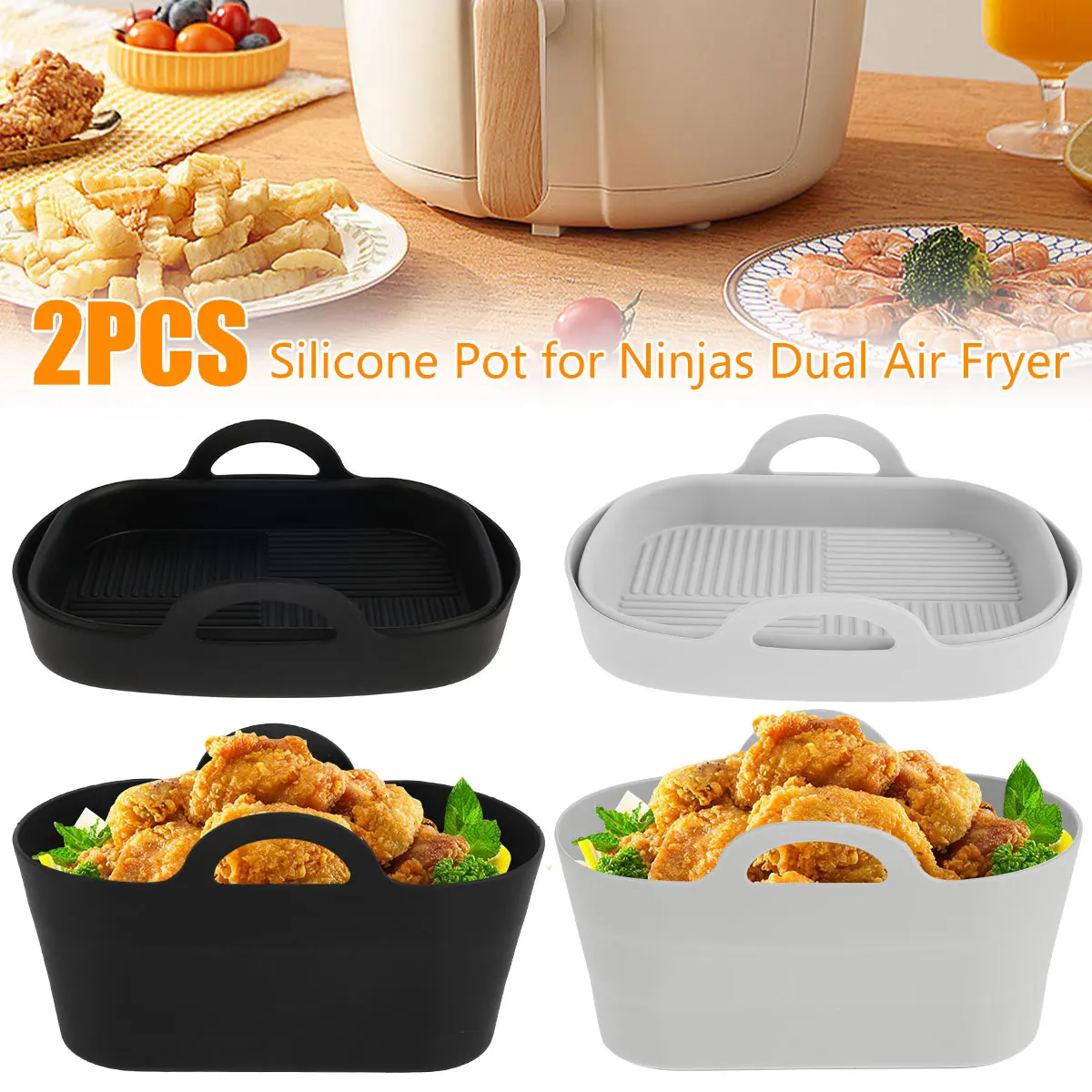 

2Pcs Air Fryer Silicone Pot Reusable Air Fryer Liner Rectangle Air Fryer Basket No-Stick Air Fryer Pan Heat Resistant Air Fryer