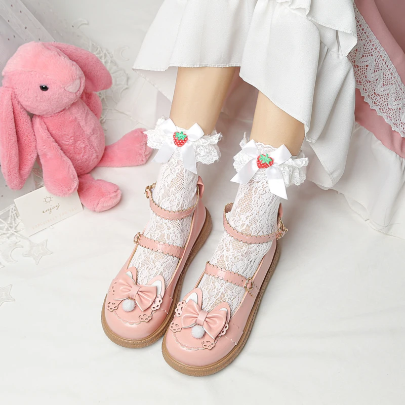

Women Lolita Platform Mary Janes Flats Bow Hook & Loop Round Toe Sweet Ears Cosplay Princess Japanese School Girl Dress Shoes