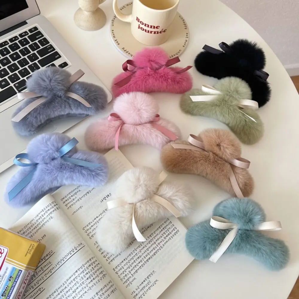 Корейские плюшевые коготь для волос девочек осень/зима кроличий мех нежный бант