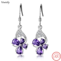 viwisfy purple crystal flower butterfly real 925 sterling silver drop earrings for women vintage jewelry gift girl vw21206