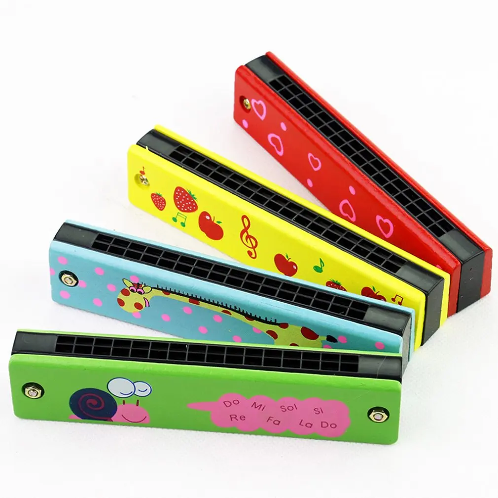 

16 Holes Children Harmonica Wooden Double Row Blowable Harmonica Cute Cartoon Pattern Beginner Kids Musical Educational Toys