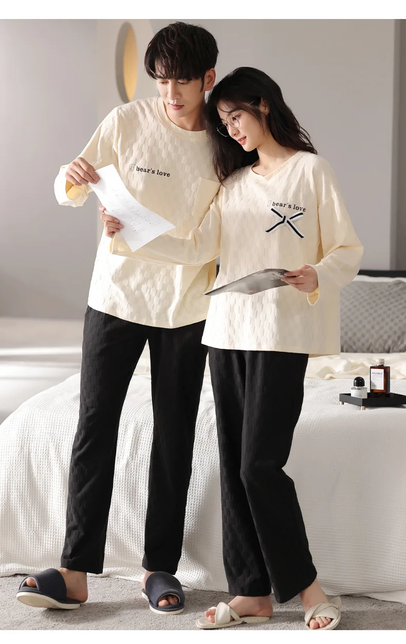 Yasuk Spring Autumn Women's Casual Soft Sleepwear Homewear Couple Pajamas Set With Pants Cotton Simple Solid Bow Unisex