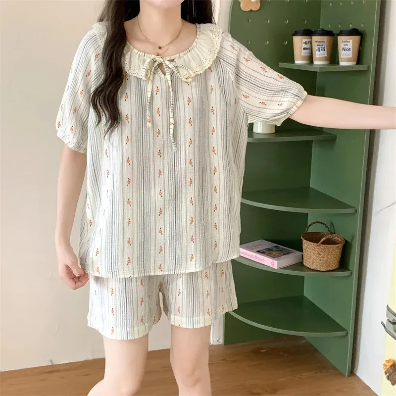 Пижамный комплект женский из хлопка и шелка тонкая Домашняя одежда с короткими