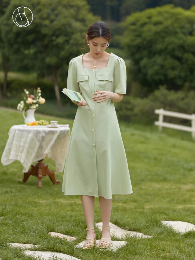 

DUSHU Women Summer Solid Mid-Calf Dress French Square Neck Single-breasted Dress Puff Sleeve Ladies Commuter Long A-LINE Skirt