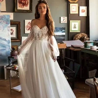 2022 women white lace applique sweetheart bohemian wedding dress with puff sleeves sheer illusion a line beach bridal gown