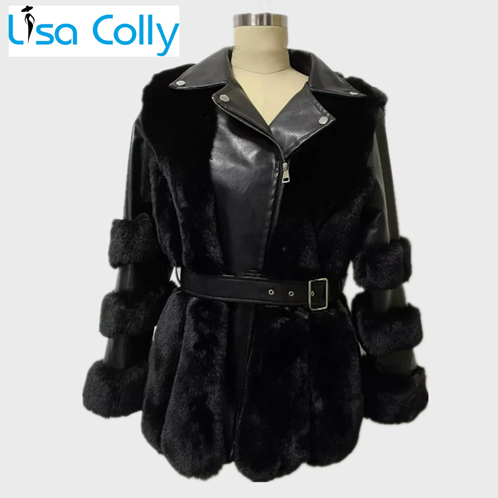 Women's 2022 New Winter Patchwork Soft Fur Jacket Long Sleeve Faux Fur Parka Coat Warm Overcoat Outwear with Belt S-6XL