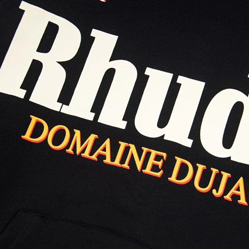 Фото Уличный хип-хоп пуловер RHUDE, классический черный, высококачественный, повседневный, свободного кроя, с капюшоном, для мужчин и женщин. №5
