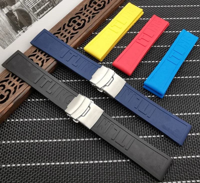 

Silicone Rubber Horloge Band 22Mm 24Mm Zwart Geel Rood Blauw Horlogeband Armband Voor Navitimer/Avenger/Breitling band Toos