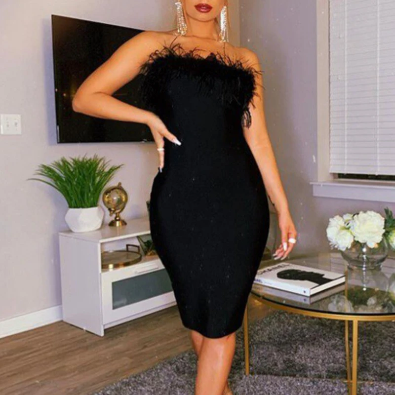 

Women's Sexy Dress Solid Split Furry Collar Off Shoulder Female Dress Strapless Sleeveless Slim Dresses for Ladies 2023 Summer
