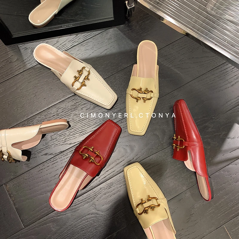 

Women’s Mules Shoes Cow Patent Leather Slip on Outdoor Slippers Square Toe Golden Buckle Mule Moccasin Flats femme luxe