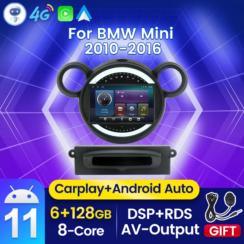 2Din Автомобильный мультимедийный видео-стерео DVD-плеер с Carplay Auto Android 11 для BMW Mini 2010 - 2016 с IPS-экраном SWC Canbus GPS 4G on.