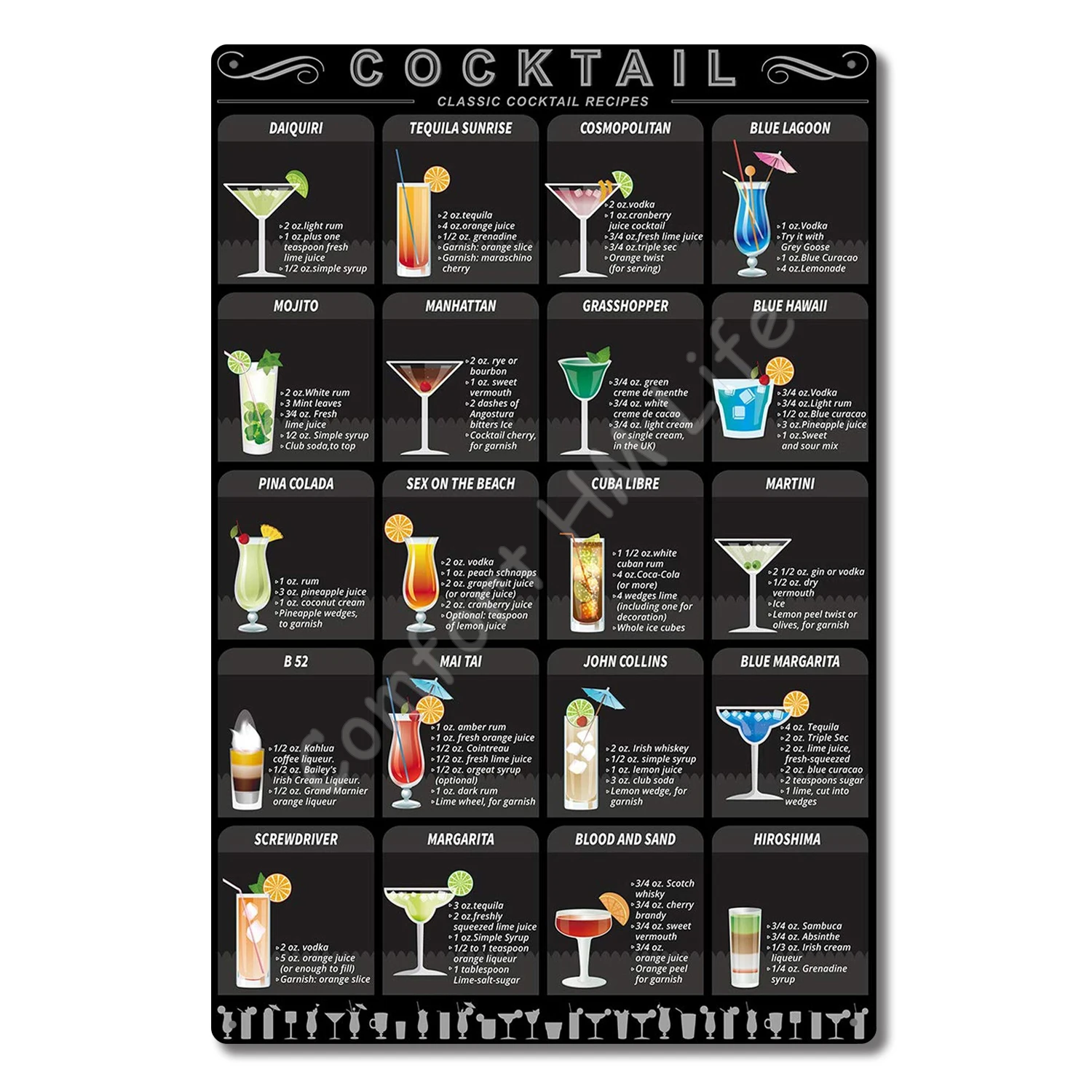 

Vintage Classic Cocktail Recipes Tin Sign Retro Whiskey Gin Tequila Metal Signs for Bar Restaurant Home Art Wall Decor 12x8 Inch