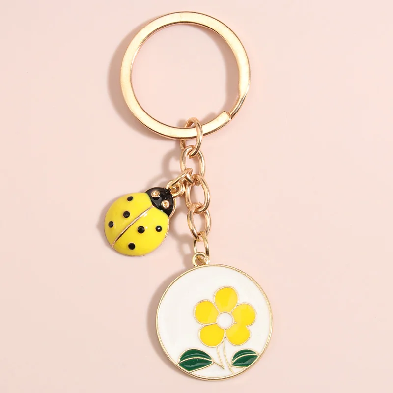 

Cute Enamel Keychain Sunflower Butterfly Sun Ladybird Key Ring Garden Key Chains Plants Gifts For Women Men DIY Handmade Jewelry