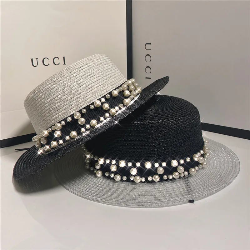 

Upscale female straw hat small perfume pearl white gauze flat-topped hat flat hat beach caps a sunscreen capshigh quality hat pr