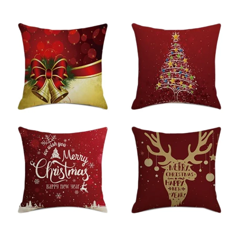 

4Pcs Christmas Square Pillowcase Home Decor Linen Pillow Cases Cushion Covers For Sofa Car Red Pattern Gift 45X45cm