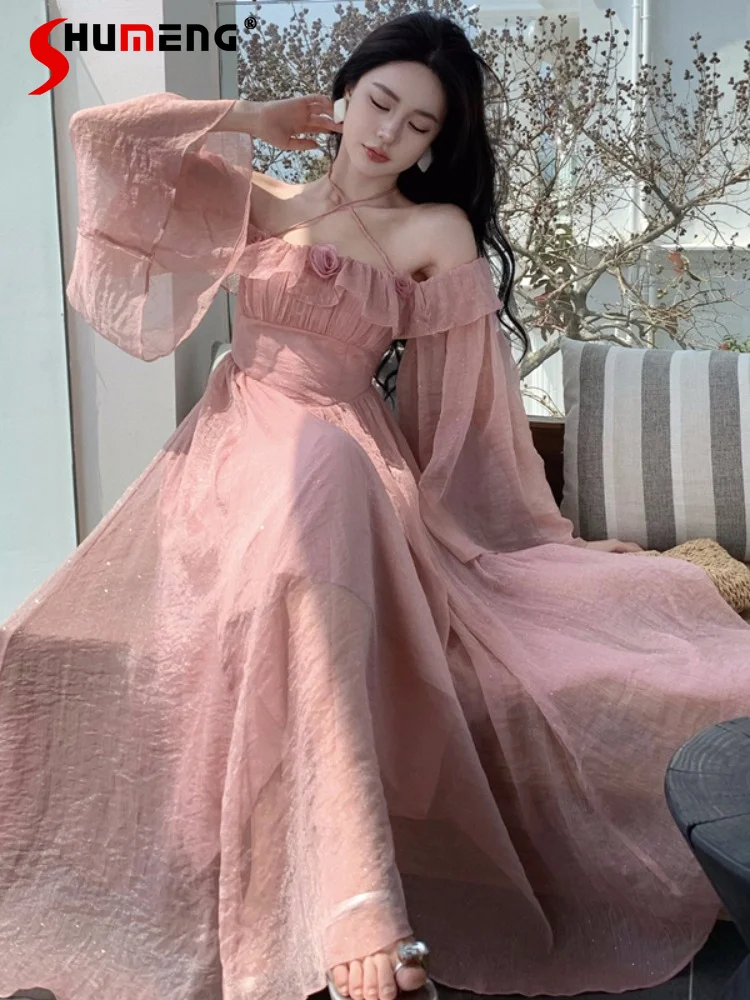 

Женское длинное платье во французском стиле, сказочное розовое платье с открытыми плечами и лямкой на шее, летнее пляжное женское платье на бретельках с длинным рукавом