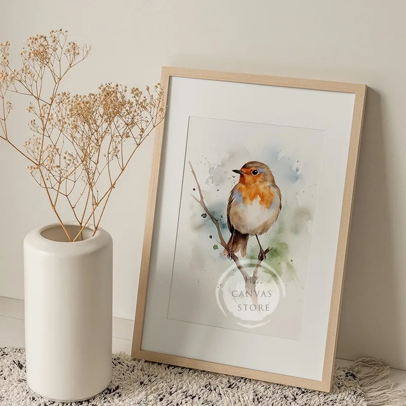 Bird Chickadee Robin акварельный постер и принт птица на ветке холст картина